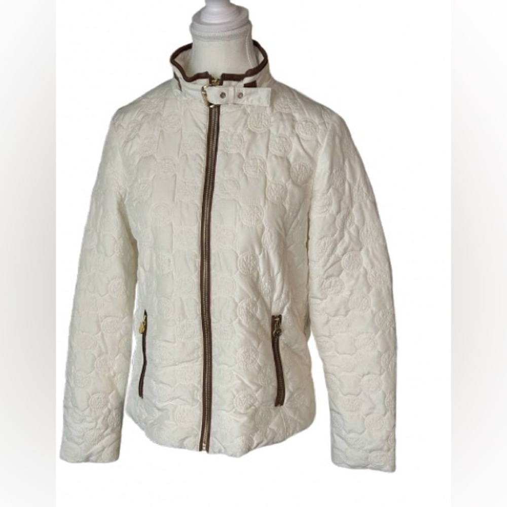 LOGO Michael Kors Cream Quilted Jacket Brown Designer Puffer Lightweight